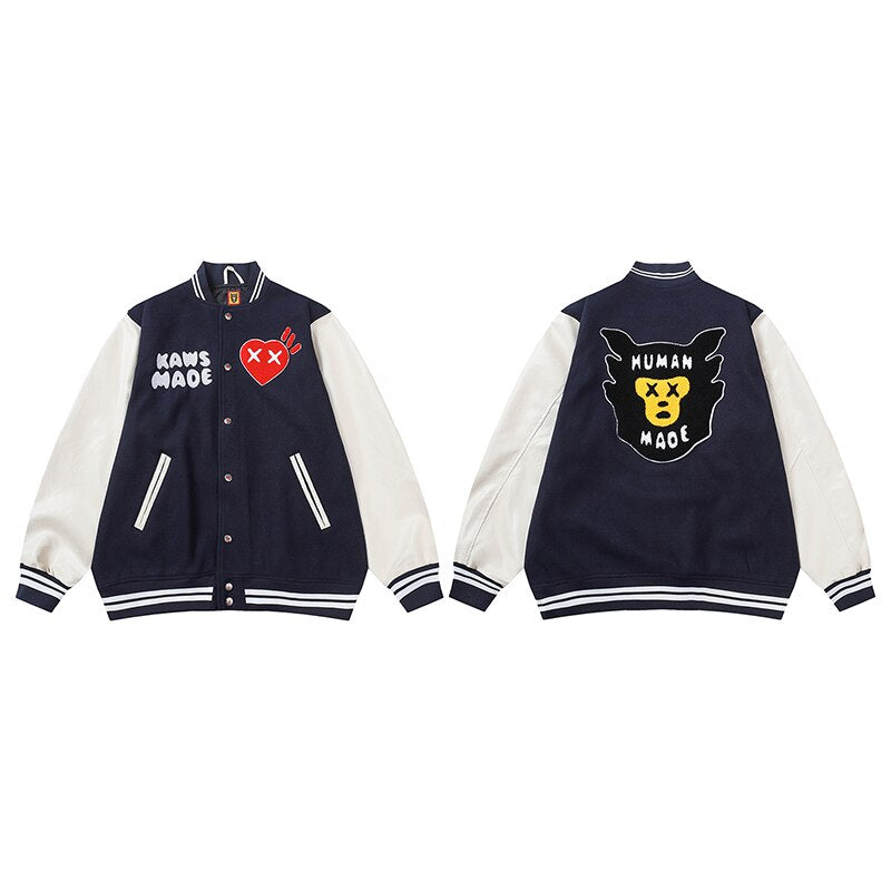 Bonsir Flocking Letter Embroidery Patchwork Human Made Wool Coat for Male and Female Retro Leather Sleeve Oversized Autumn Jackets