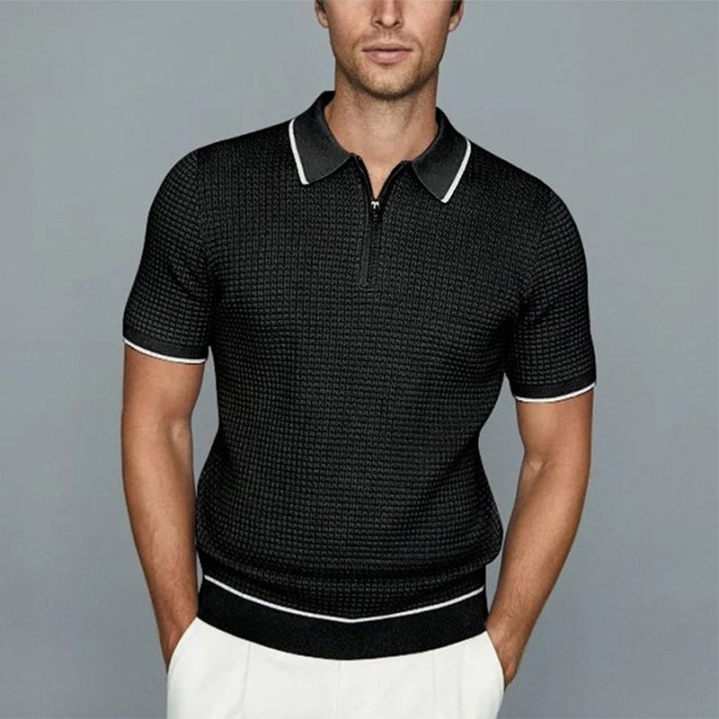 sanyamk Casual Slim Fit Solid Knitting Tops Mens Summer Fashion Lapel Zipper Polo Shirts Men's Clothing Fashion Short Sleeve Polos