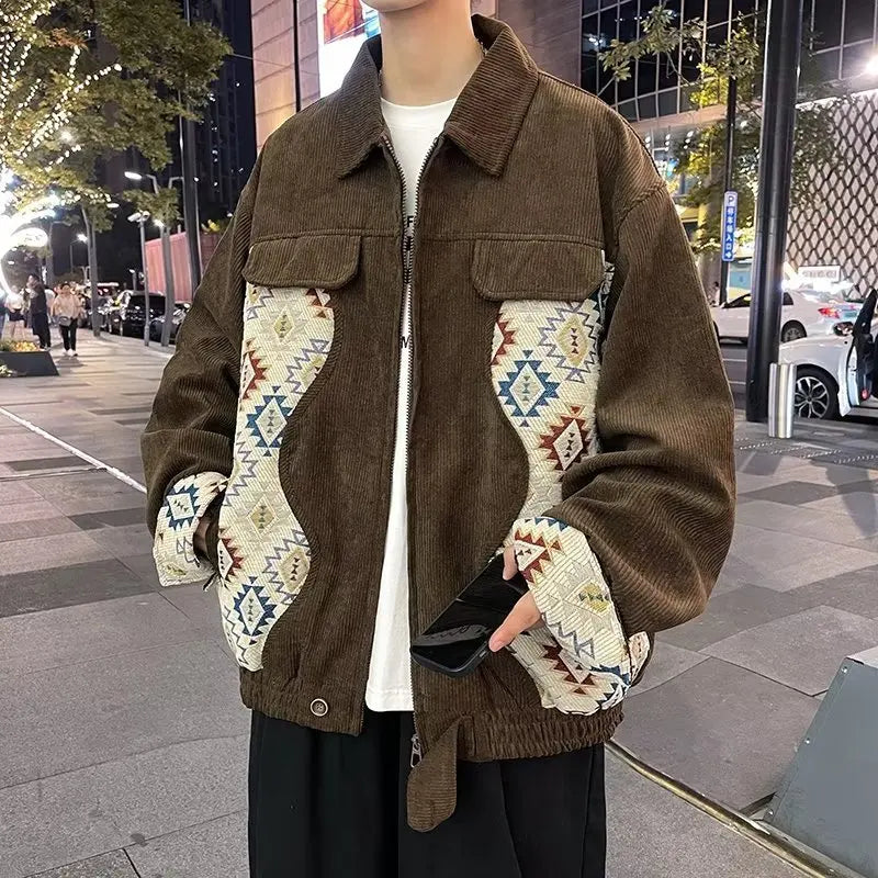 sanyamk Patchwork Jackets Men Trendy Popular Daily Spring Autumn Spliced Geometric Pattern Folk-style Handsome Teenagers Outerwear Chic