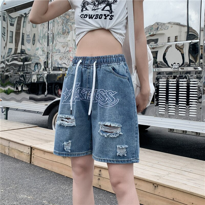 Bonsir Men's Denim Shorts Letter Embroidery Ripped Hole Short Jeans Women Wide Leg Shorts Hip Hop Drawstring Vintage Denim Pants Summer