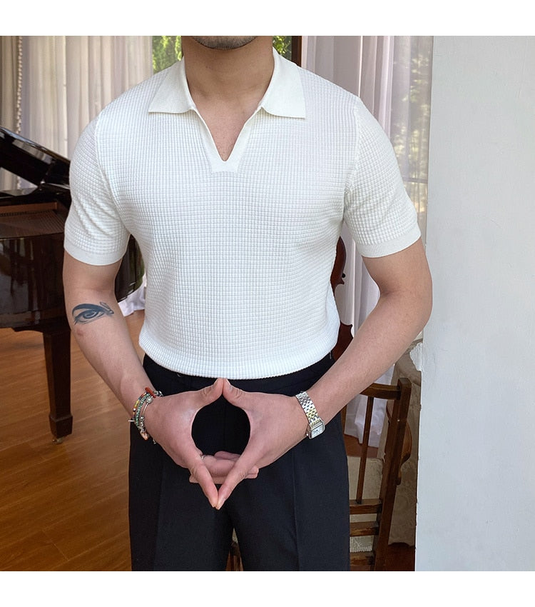 sanyamk Summer New V-neck Men's Solid Color Short-sleeved T-shirt British Slim Lapel Knitted Striped Casual Polo Shirt