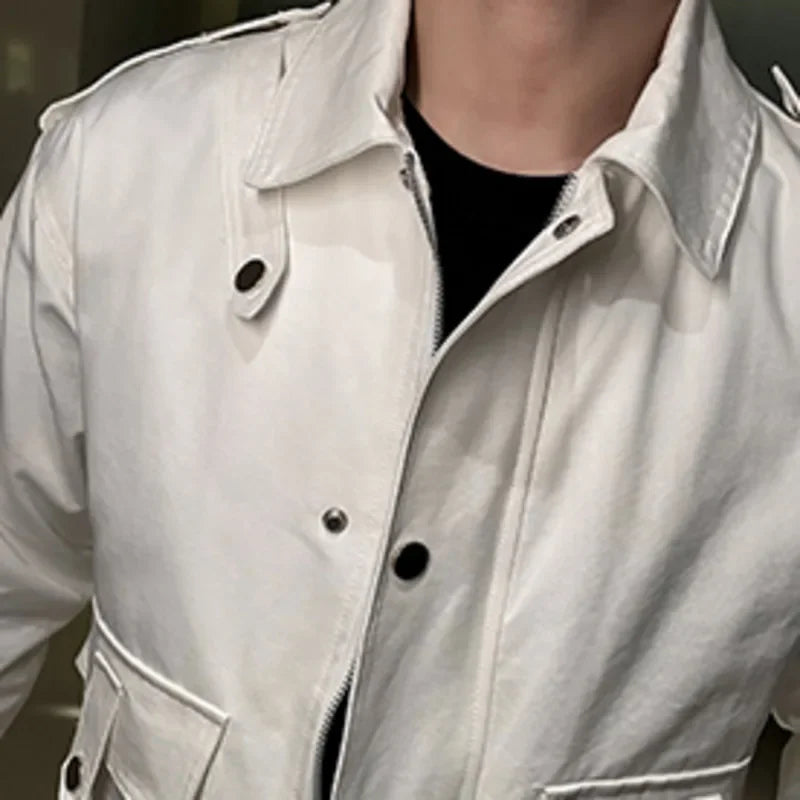 BONSIR - Autumn Retro High Street Couple Bomber Jacket Solid Color Large Pocket Baseball Jacket Men Coat Lapel Jacket Male Club Outfit