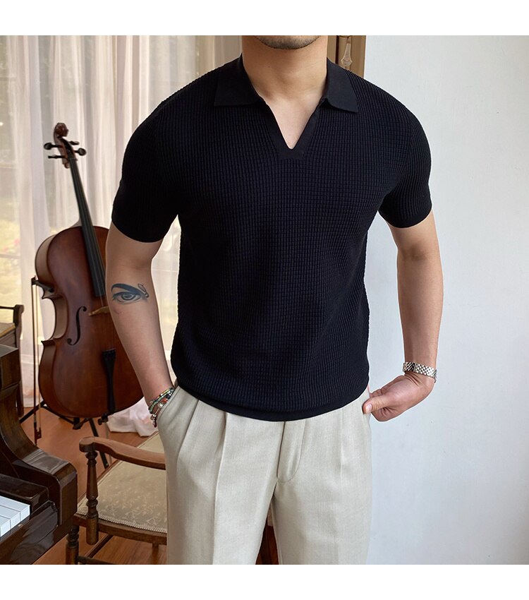 sanyamk Summer New V-neck Men's Solid Color Short-sleeved T-shirt British Slim Lapel Knitted Striped Casual Polo Shirt