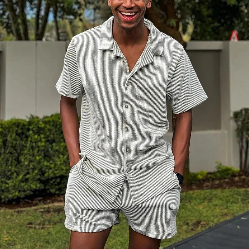 sanyamk - Casual Lapel Button Shirts&Shorts Set Men Clothing 2024 Short Sleeve Solid Beach Suits Fashion Striped Jacquard Two Piece Set