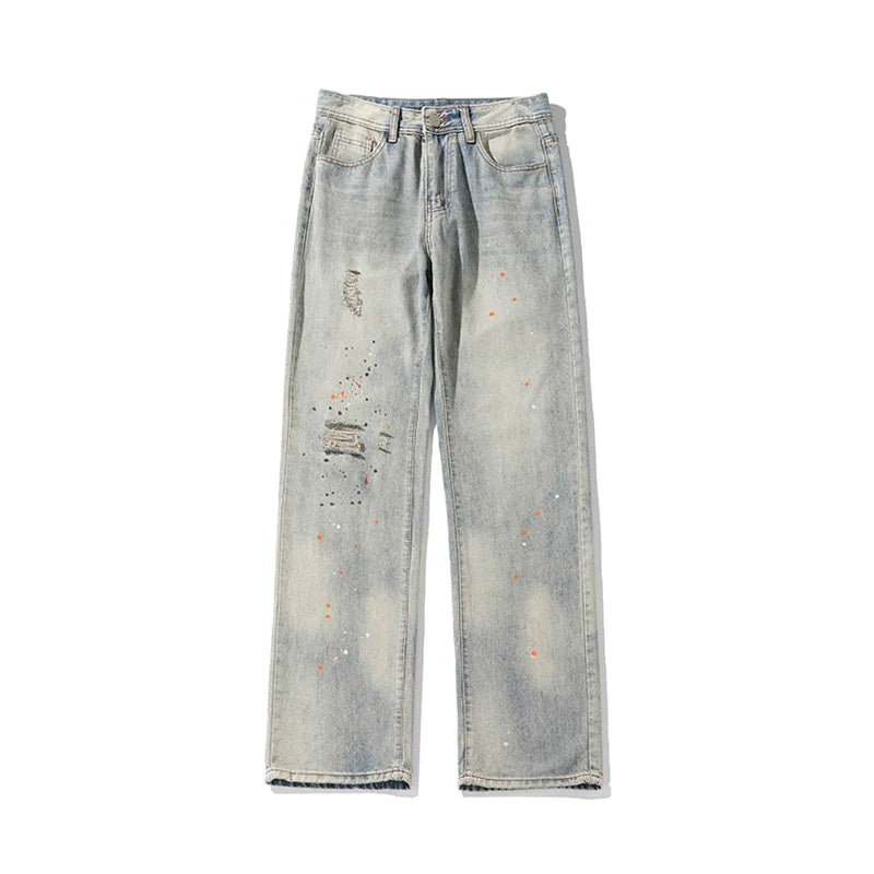 BONSIR - New Ripped Jeans Man Pants Colored Paint Dots Long Straight Casual Denim Trousers Fashion Oversized Streetwear Clothing Men