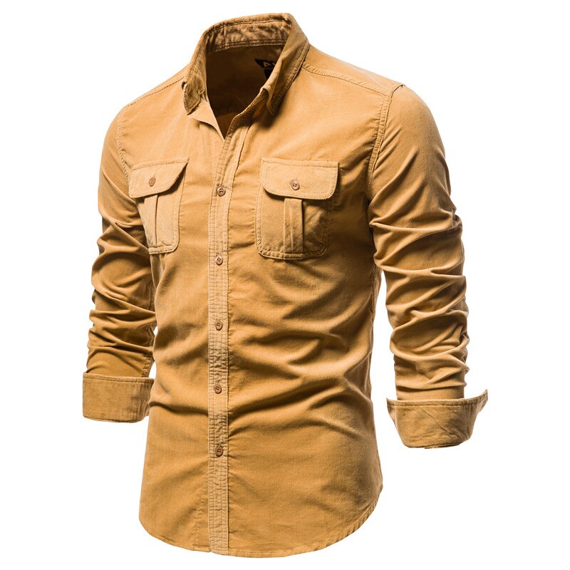 Bonsir Men's Shirt Cotton Lapel Casual Spring Autumn Corduroy Shirts for Men Slim Solid Color Shirts Long Sleeve Tops EU Size