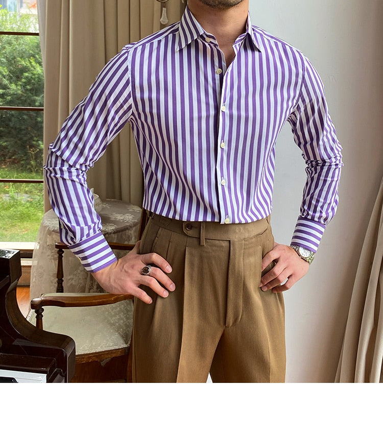 Bonsir British Casual Contrasting Colors Stripe Shirt Retro Shirt Dress Camisa Masculina Social Italian Fall Men Long Sleeve Shirt