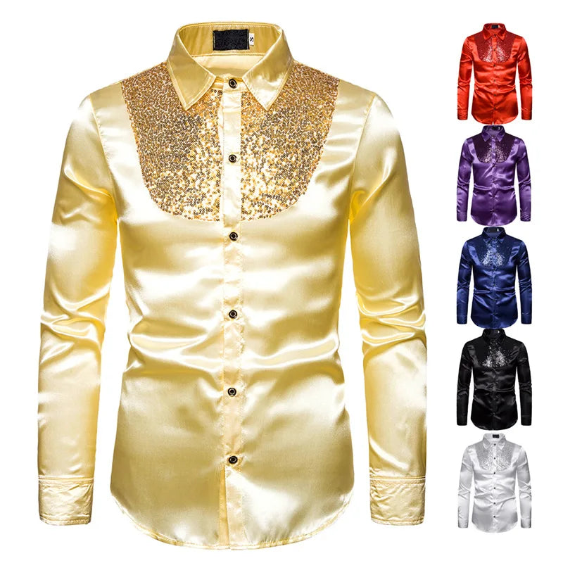 sanyamk Men's Shirt Sequin Lapel Solid Color Slim Fitting Business Casual For Wedding Banquet Performance Men Suit Long Sleeved Shirt