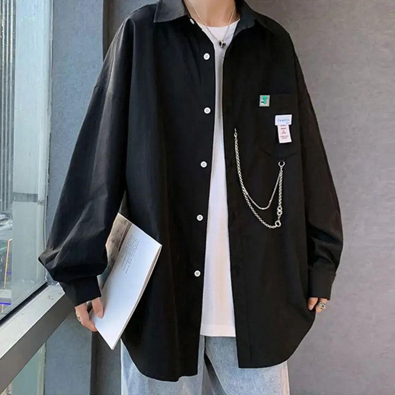 Bonsir Men Korean Fashion Appliques Oversized Chain Design Streetwear Harajuku Y2K Shirts Youth Handsome Casual Solid Long Sleeve Tops