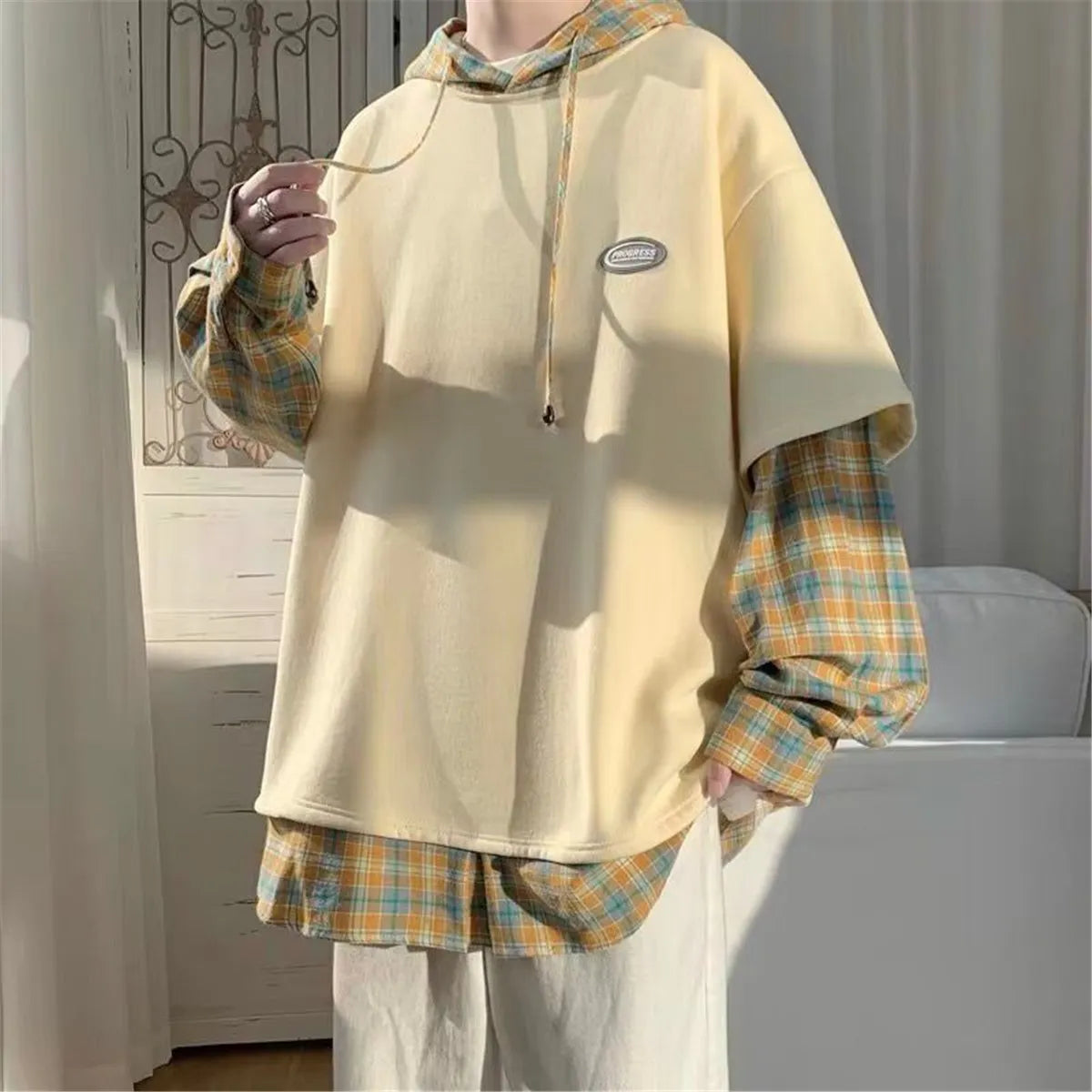 sanyamk Fashion Kahaki Patchwork Sweatshirt Autumn Loose Harajuku Vintage Plaid Hip Hop Tops Streetwear Winter High Street Gothic Hoodie