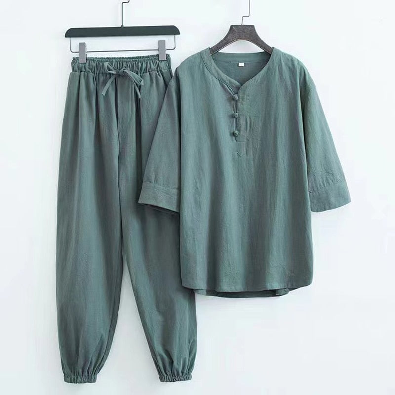 sanyamk Spring Summer New Men's Fashion Casual Solid Short Sleeve T-Shirt Pant Suit Men High-Quality Cotton And Linen Two-Piece Set 5XL