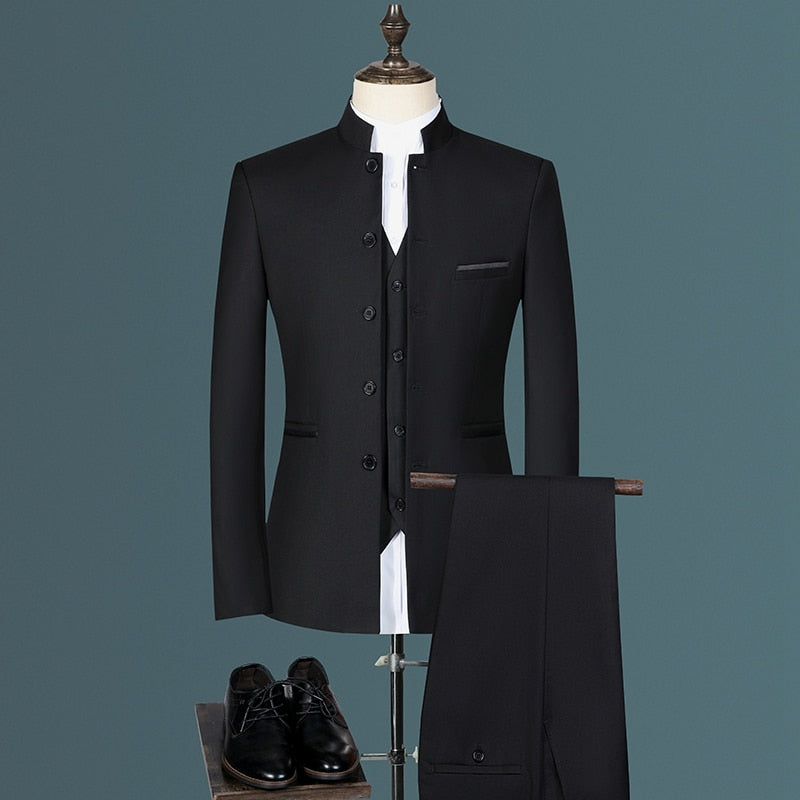 sanyamk Stand Collar Men Blazer Pants Vest Business Men's Wedding Suit Jacket Coat Trousers Waistcoat High Quality Slim Vest Dress Set