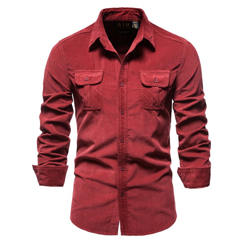 Bonsir Men's Shirt Cotton Lapel Casual Spring Autumn Corduroy Shirts for Men Slim Solid Color Shirts Long Sleeve Tops EU Size