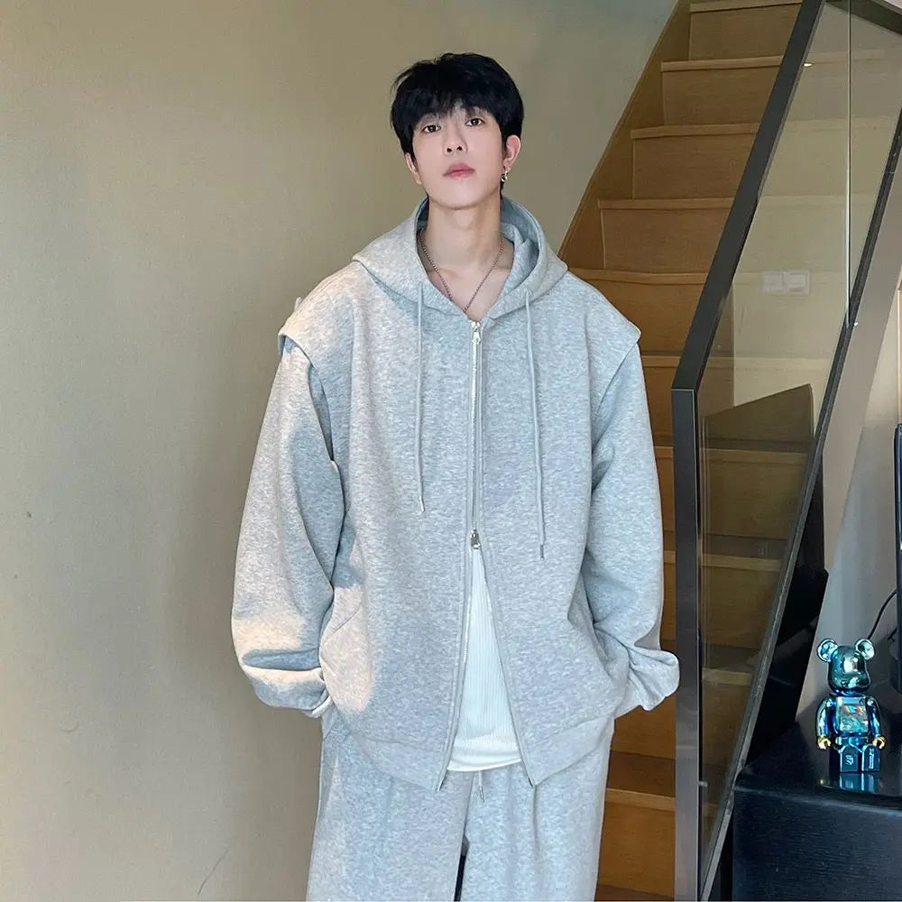 sanyamk - Autumn Korean Version Short Hoodies Sweatshirts for Men Cotton Solid Color Loose Sports Casual Zipper Cardigan Couple Hoodie