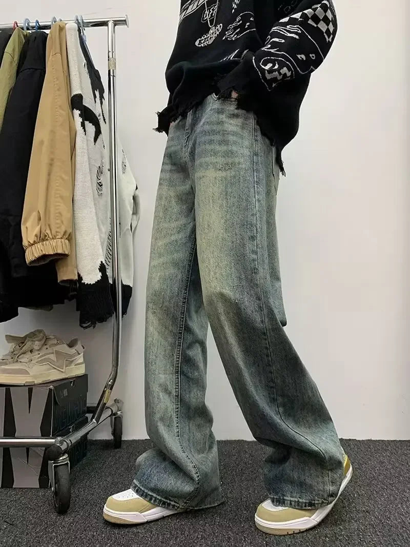sanyamk American Style Gradient Jeans For Men Loose Fit Straight Leg High Street Trendy Brand Autumn Ins Fashion Long Pants Wide Leg