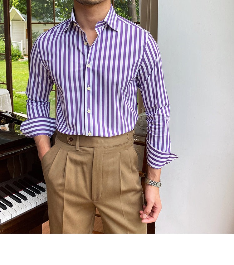 Bonsir British Casual Contrasting Colors Stripe Shirt Retro Shirt Dress Camisa Masculina Social Italian Fall Men Long Sleeve Shirt