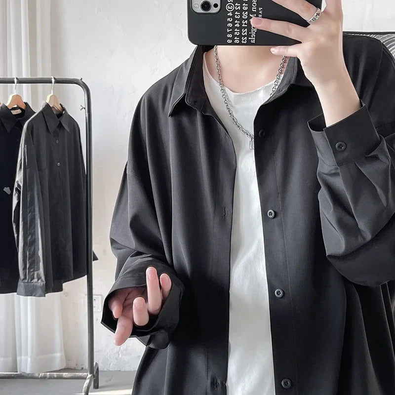 Bonsir Summer Mens Long Sleeve Shirts Solid Color Casual Cardigan Loose Base Vintage Harajuku Tops Blouses