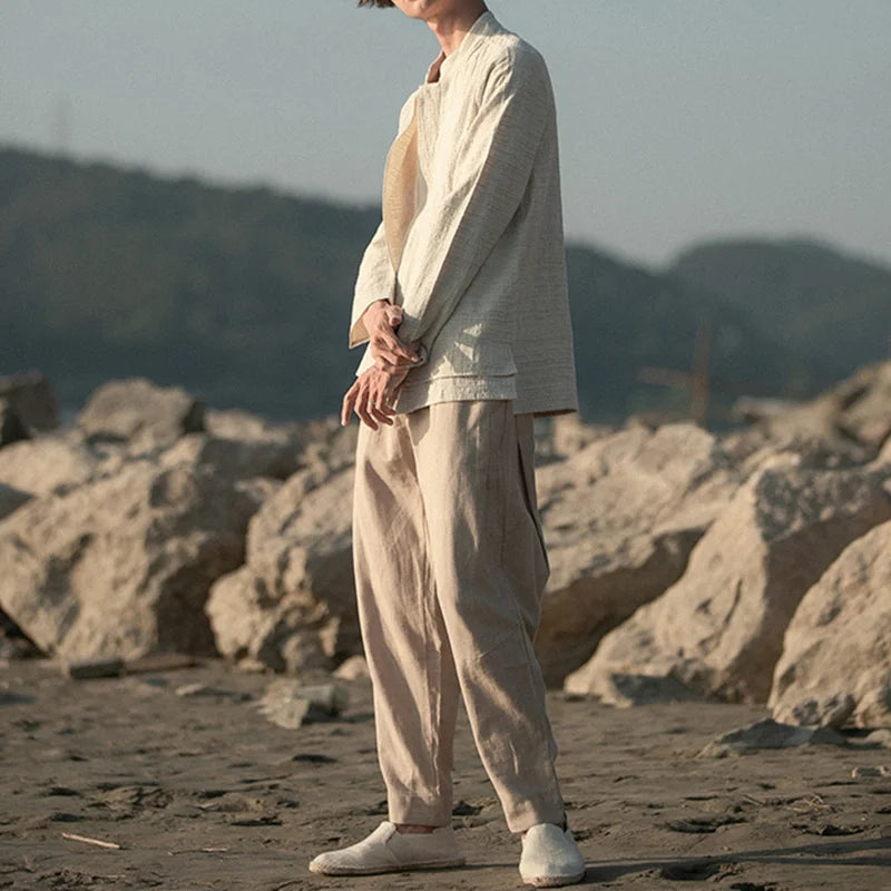 sanyamk - Chinese Style Stand-Up Collar Shirt Men Spring Autumn Linen Tang Suit Shirt Fake Two Loose Plus Size Coat Tai Chi Clothes Male
