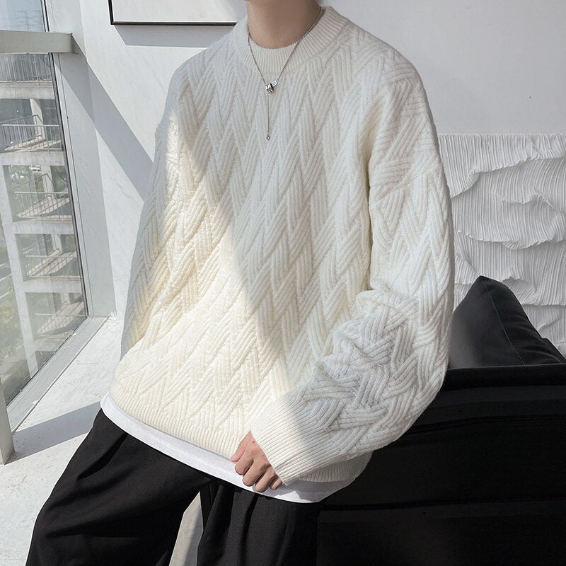 sanyamk Cable-knit Vintage Sweater Men Solid Color Loose Round Neck Male Pullovers Warm Fashion Unisex Casual Clothing