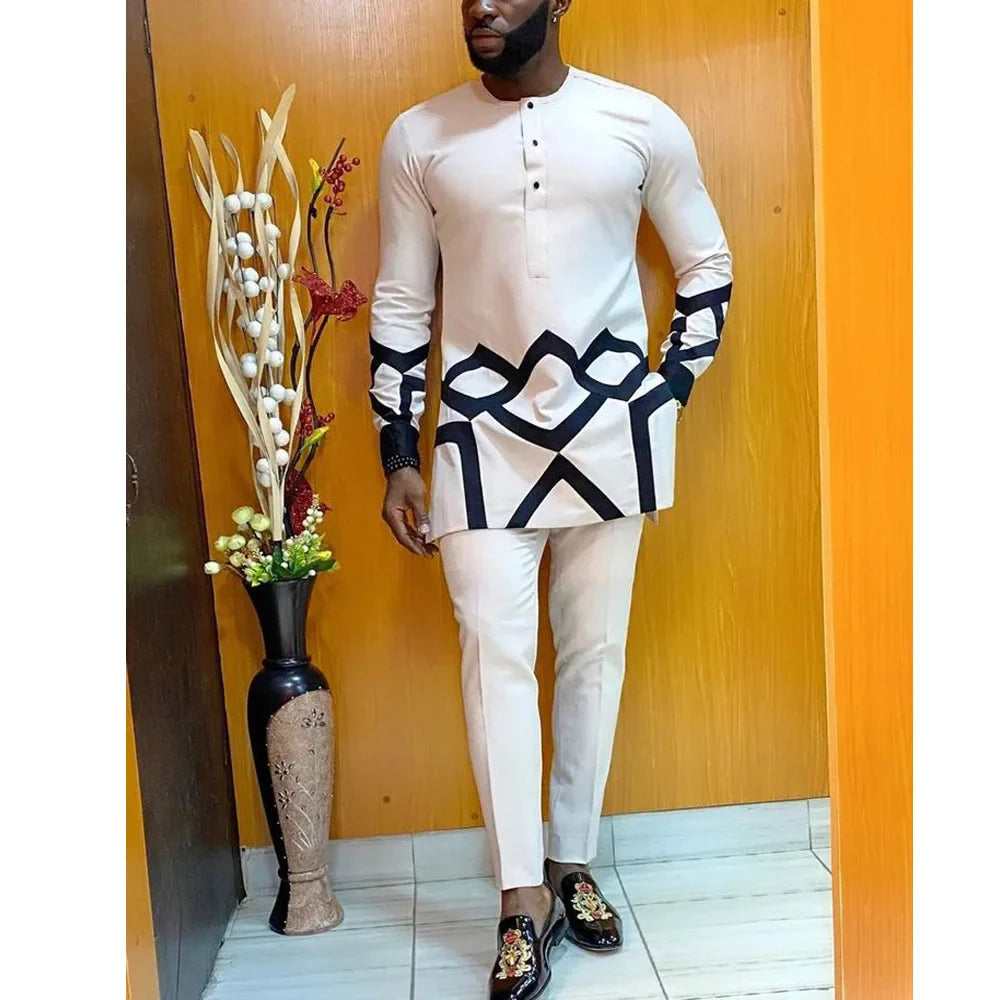 sanyamk - Kaftan Summer Men's Suits Short Sleeve Solid Top Pants Wedding African Ethnic Casual Wear Dashiki 2PCS Suit Fashion Men's Sets