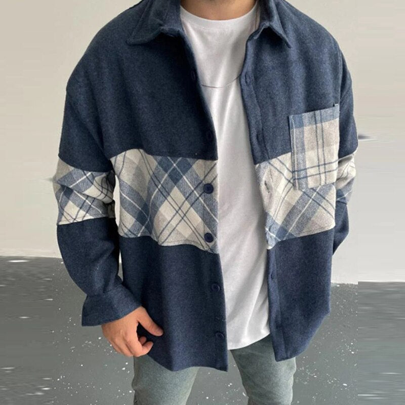 Bonsir Casual Long Sleeve Mens Jackets Button-up Turn-down Collar Cardigans Tops Autumn Men Fashion Plaid Printed Coats Outerwear