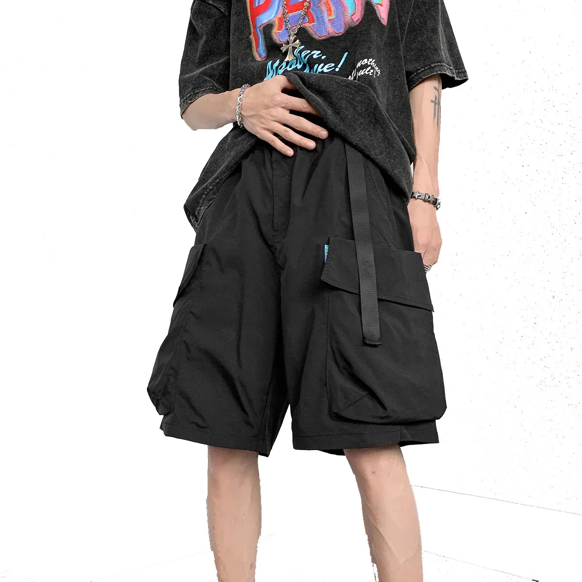 Bonsir Men Summer Cargo Shorts Buttons Loose Casual Multi-Pocket Baggy Streetwear Hip Hop Black Shorts