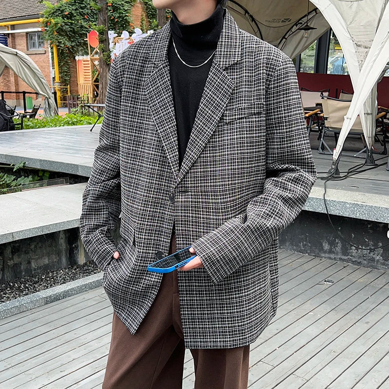 sanyamk - Fashion Oversize Plaid Blazer Jacket Men Japanese Style Clothing Vintage Casual Loose Grid Suit Coat Hip Hop Streetwear Khaki