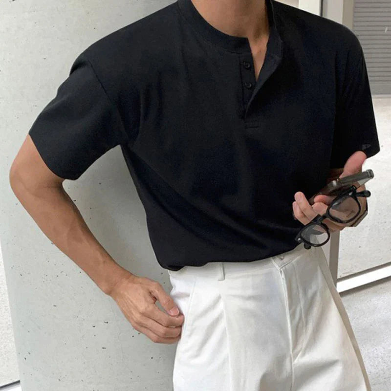 sanyamk - Minimalist New Summer Men's T-shirts Loose Round Neck Short Sleeve Buttons Solid Color Casual Male Tees Fashion 9C6495