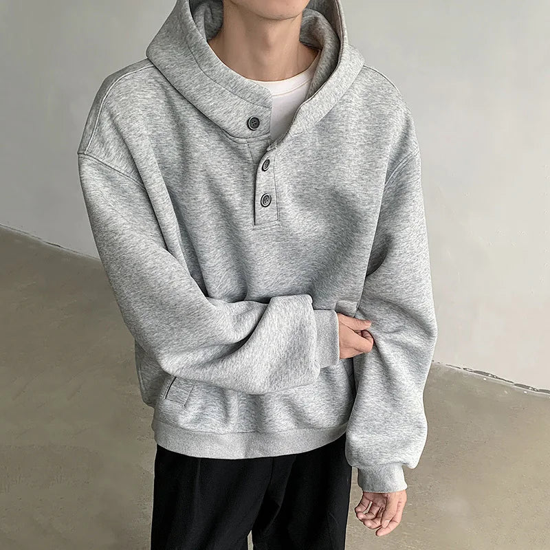sanyamk - American Style Men's Sweatshirts Casual Button Design Hooded Solid Color Tops Loose Pullover Male Hoodies Autumn 9C8557