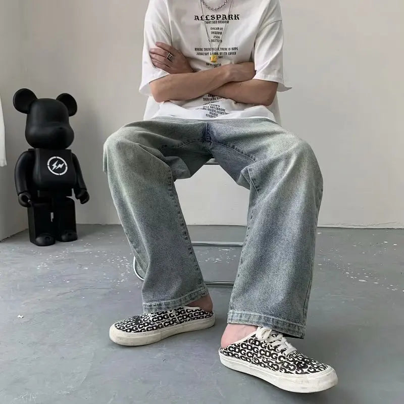 sanyamk Lazy Style Men Jeans Korean Hip Hop Patchwork Oversized Straight Jean Pants Streetwear All-match Denim Pants Light blue jeans
