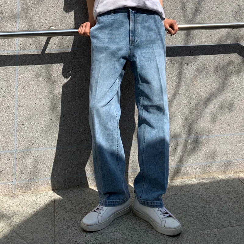 Bonsir - Jeans Men's Loose Straight Autumn New Wide Leg Trousers Korean Fashion Streetwear Black Blue Distressed Casual Baggy Pants