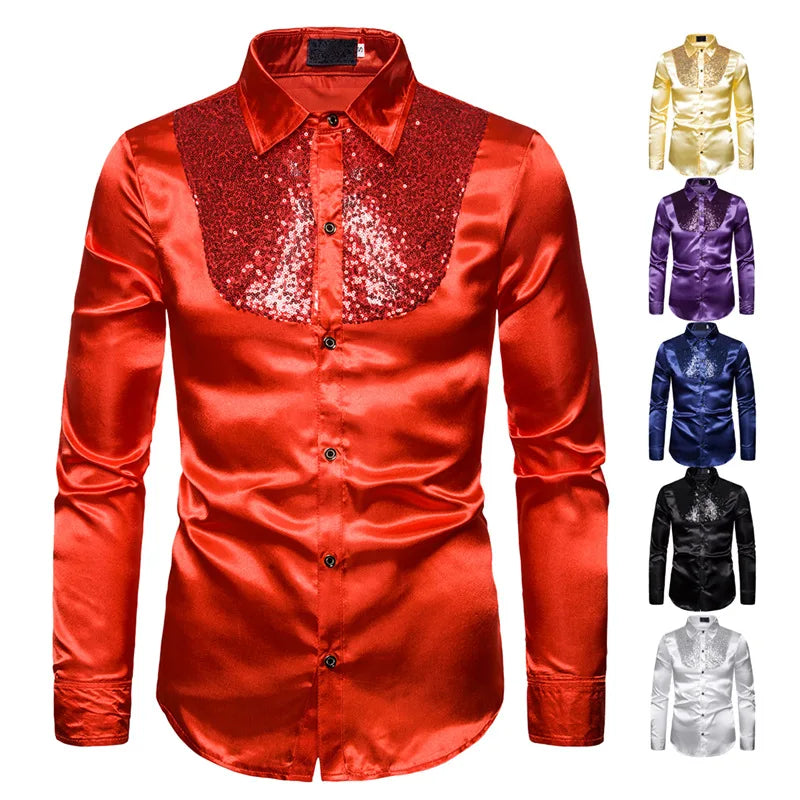 sanyamk Men's Shirt Sequin Lapel Solid Color Slim Fitting Business Casual For Wedding Banquet Performance Men Suit Long Sleeved Shirt
