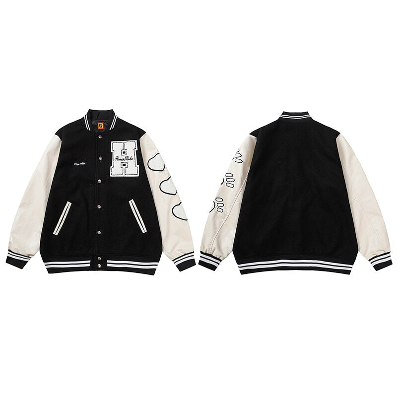 Bonsir Flocking Letter Embroidery Patchwork Human Made Wool Coat for Male and Female Retro Leather Sleeve Oversized Autumn Jackets