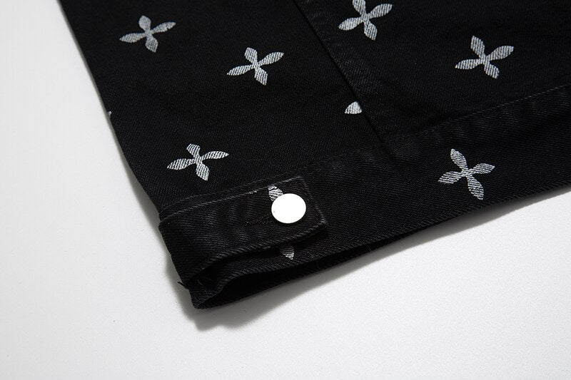 sanyamk High Street Full Cross Print Laple Black Jeans Coats for Men and Women Spliced Retro Hip Hop Autumn Casual Denim Jacket