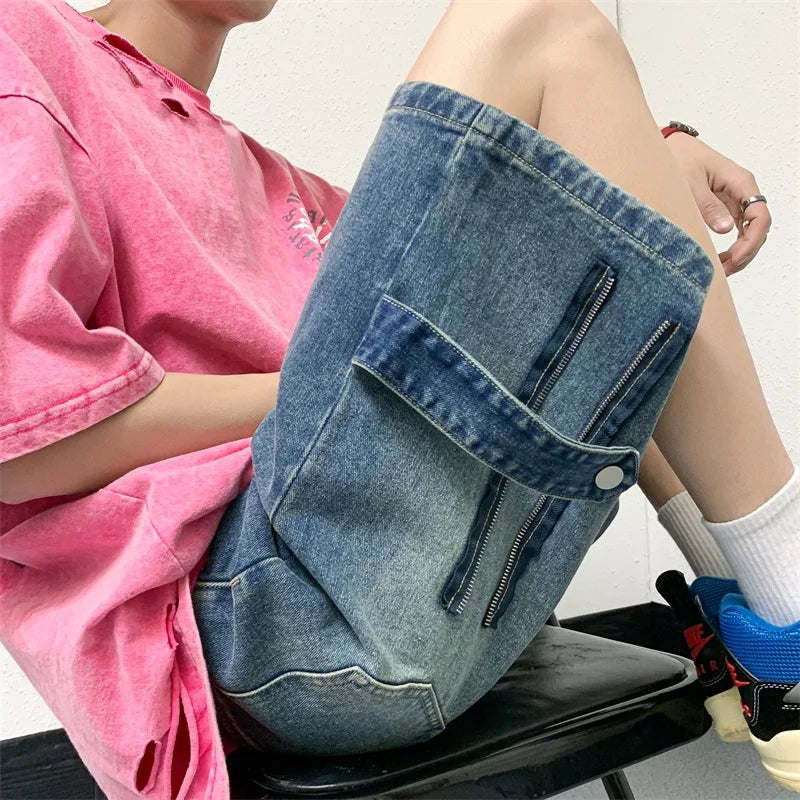 sanyamk Men Patchwork Oversized Jeans Shorts Streetwear Harajuku Denim Shorts New Hip Hop Vintage Blue Summer Casual Loose Shorts
