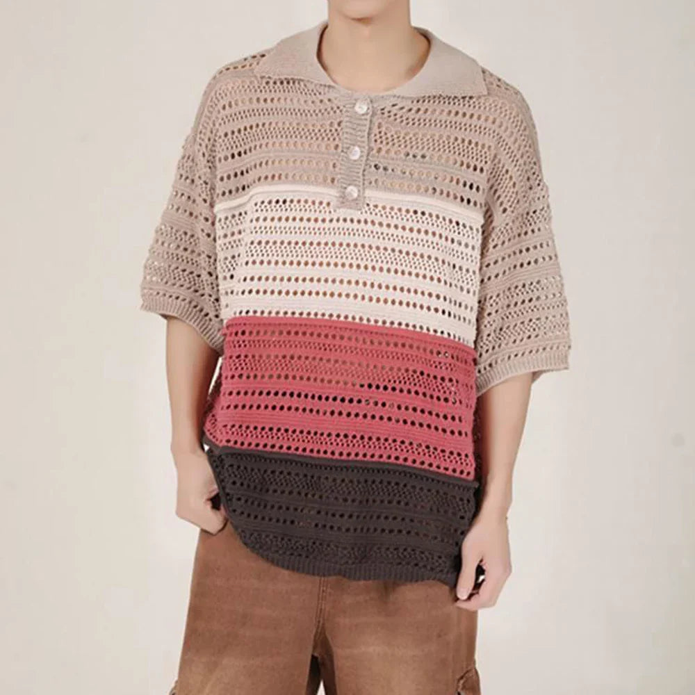 sanyamk Men Luxury Knit Polo Shirt Breathable Casual Hollow Out T Shirt Fashion Turn-down Rainbow Striped Short Sleeve Fishnet Tops Tees