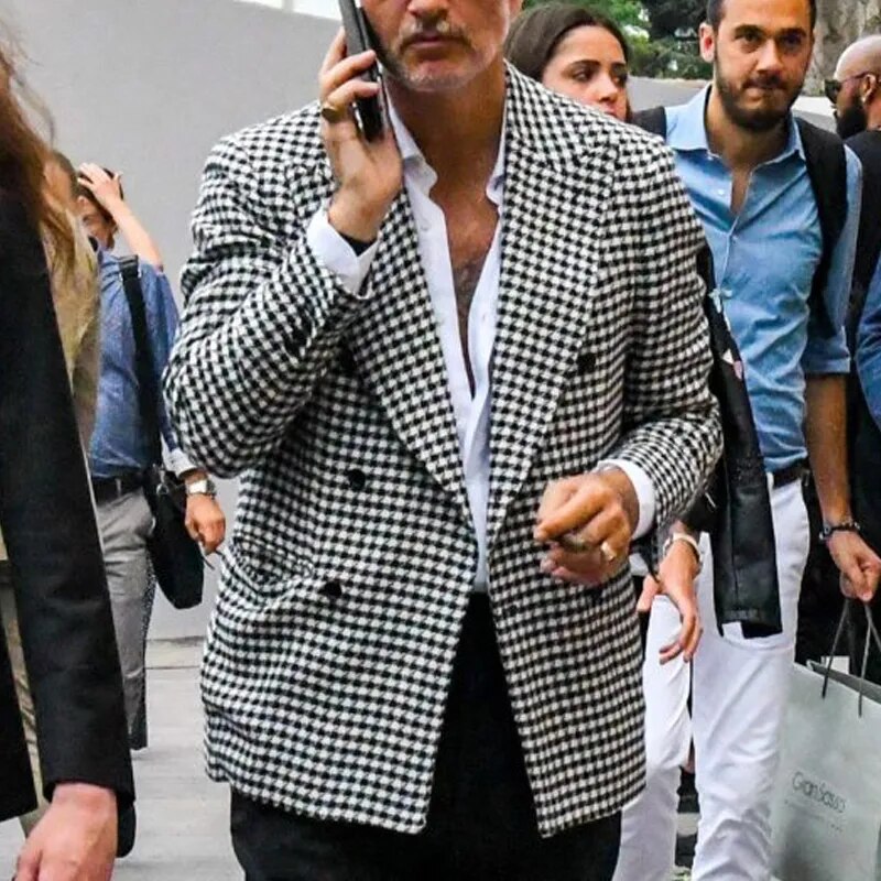 sanyamk Double Breasted Houndstooth Blazer for Men Peaked Lapel Custom Made Wedding Suit Jacket Male Fashion Coat