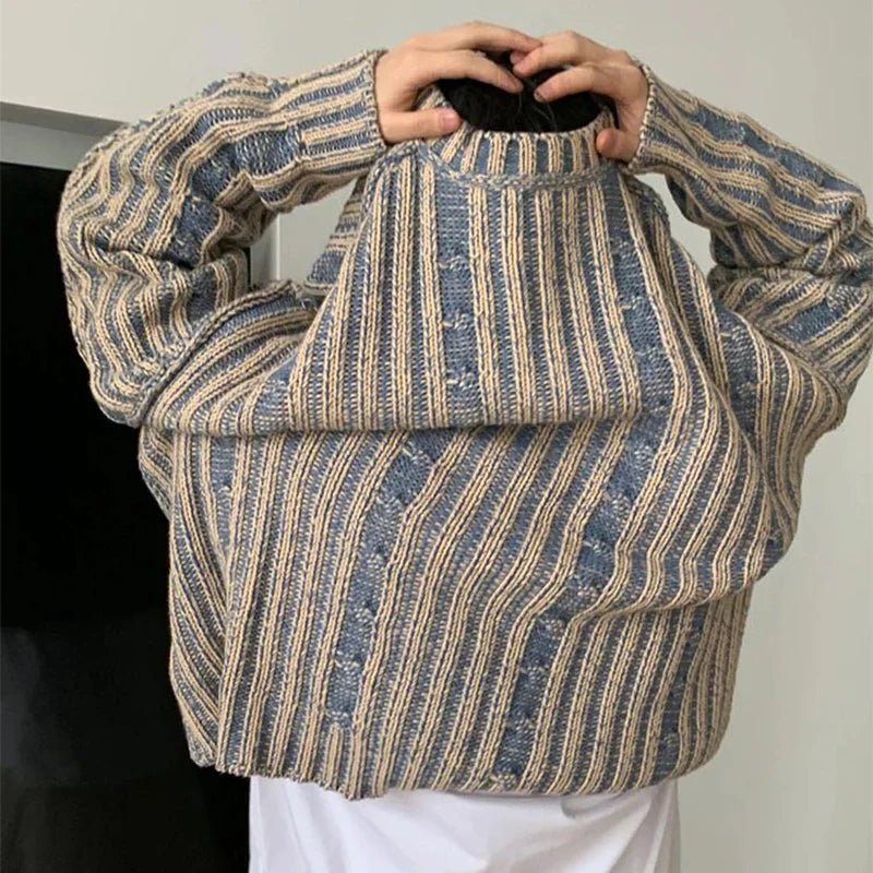 sanyamk - Fashionable Striped Knitting Sweaters Men Autumn Streetwear Y2K Loose O Neck Long Sleeve Knit T-shirts Mens Vintage Sweater Tops