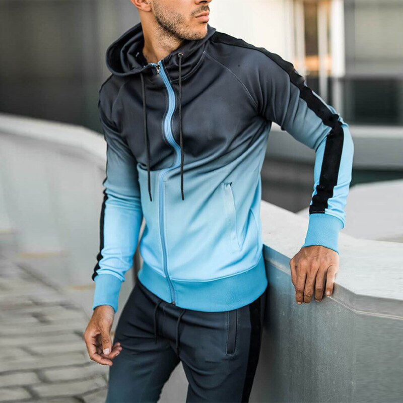 Bonsir Autumn Sweatsuits Men Tracksuit Slim Long Sleeve Zip-up Hooded Sweatshirt And Pants Suits Mens Gradient Fashion Two Piece Sets