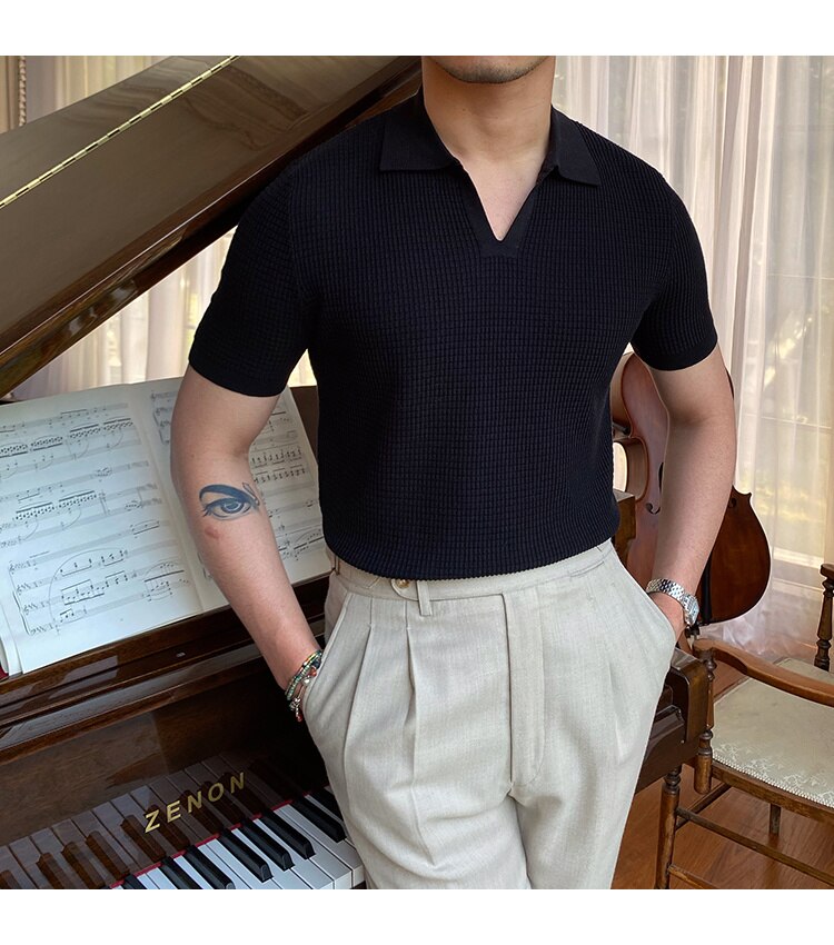 sanyamk Summer New V-neck Men's Solid Color Short-sleeved T-shirt British Slim Lapel Knitted Striped Casual Polo Shirt