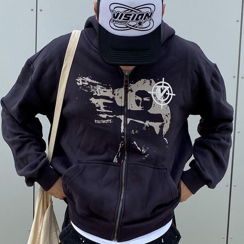 Bonsir Hip Hop Men's Hoodies Sweatshirt Women Punk Sport Loose Coat Anime Print Gothic Streetwear Long Sleeve Street Zip Y2k Hoodie