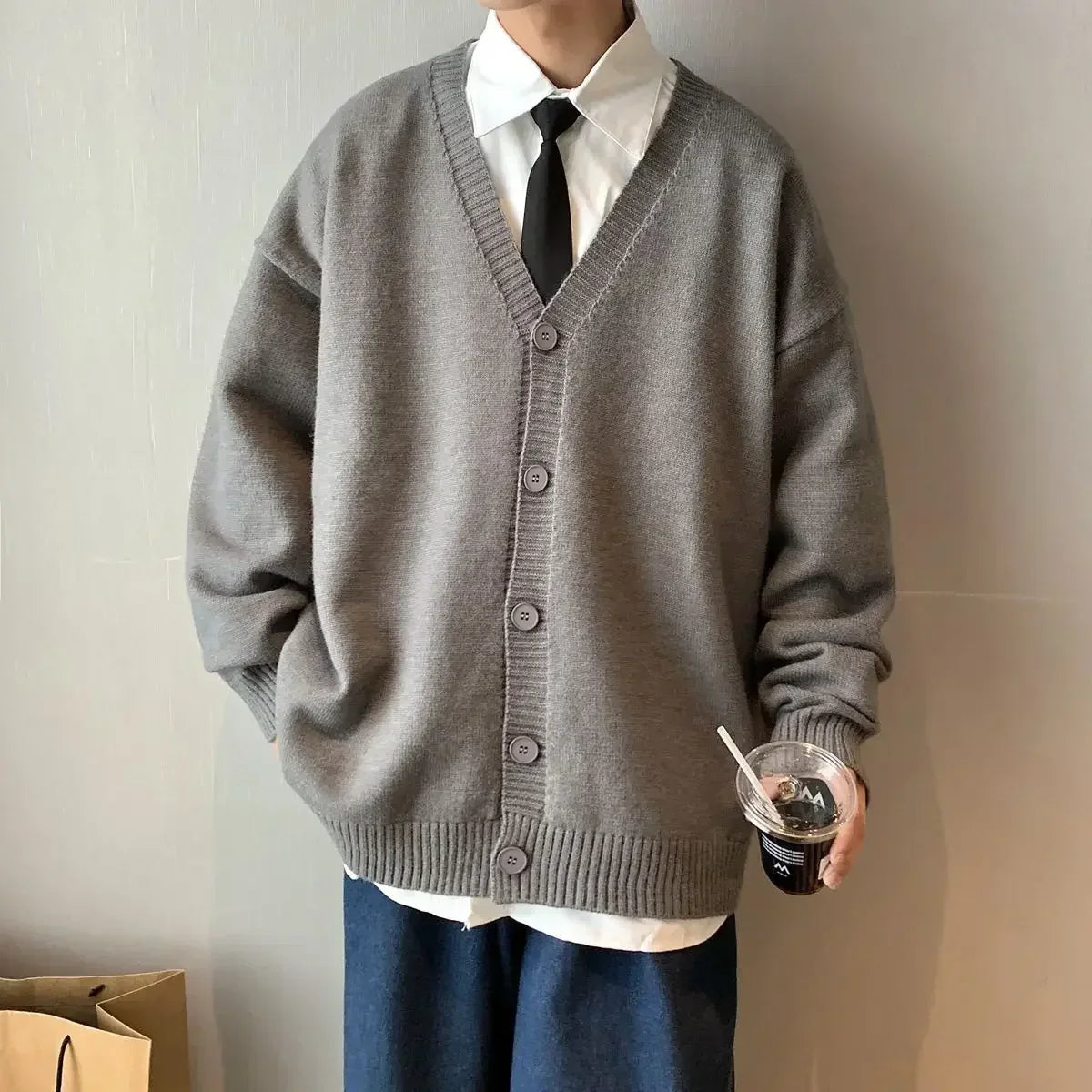 sanyamk Knit Sweater Male Coat Cardigan Men's Clothing White V Neck Plain Solid Color Jacket Korean Style Casual New in Maletry Classic