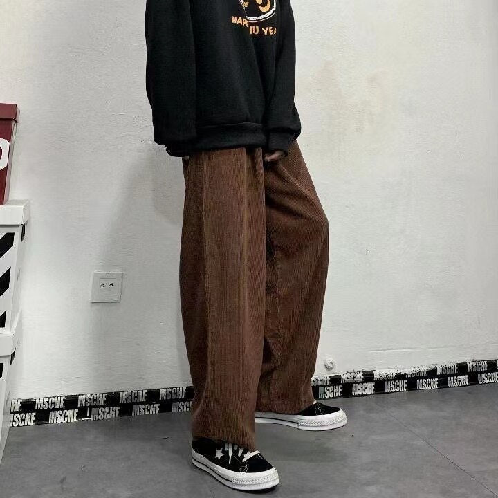 sanyamk Men's Korean Style Retro Trend Sweatpants Corduroy Fabric Solid Color Straight Casual Pants Loose Brown Color Trousers