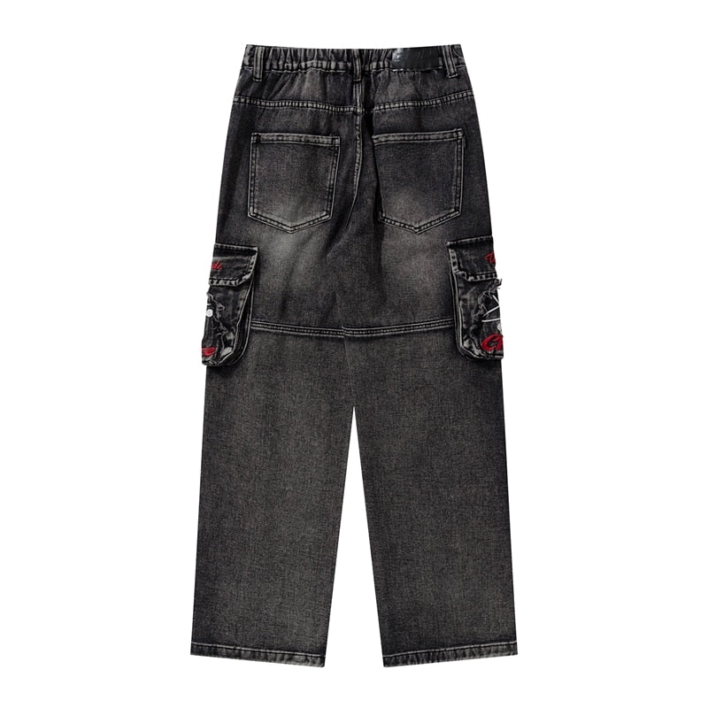 sanyamk Distressed Embroidery Pockets Elastic Waist Retro Jeans Pants Men and Women Straight Washed Casual Baggy Denim Trousers