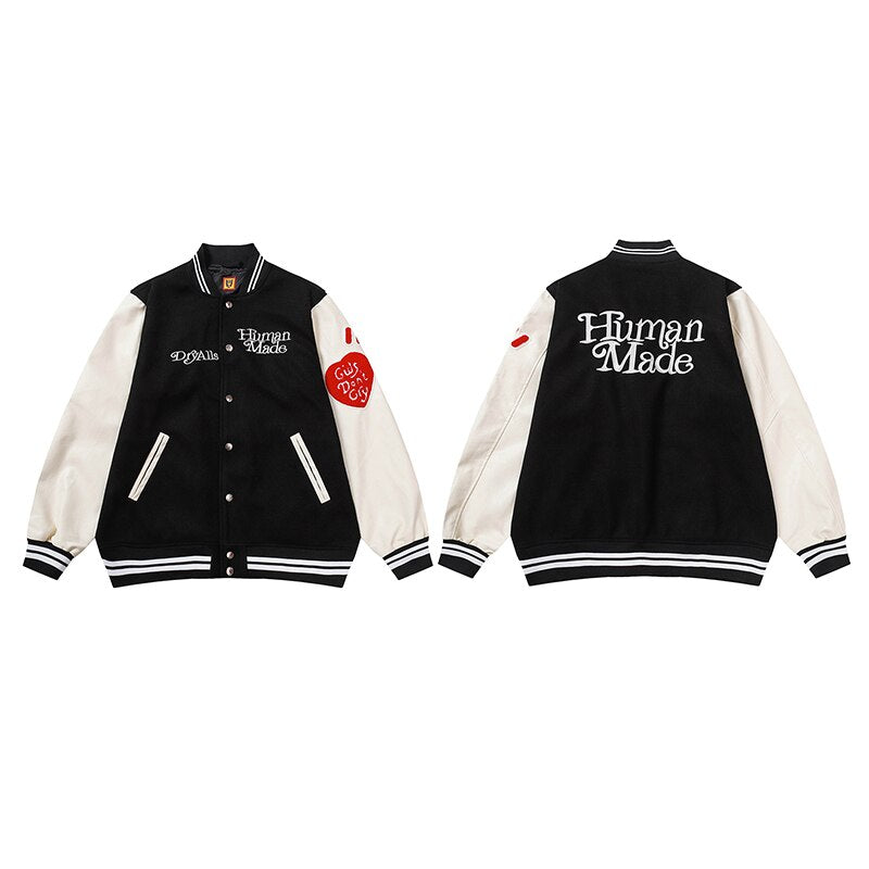 Bonsir Flocking Letter Embroidery Patchwork Human Made Wool Coat for Male and Female Retro Leather Sleeve Oversized Autumn Jackets