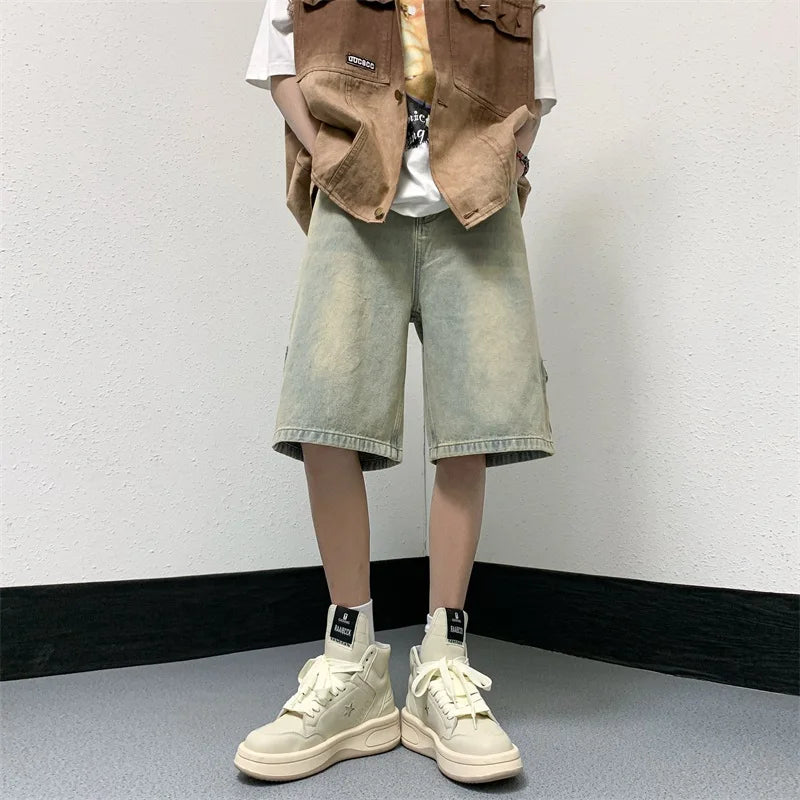 sanyamk Men Patchwork Oversized Jeans Shorts Streetwear Harajuku Denim Shorts New Hip Hop Vintage Blue Summer Casual Loose Shorts