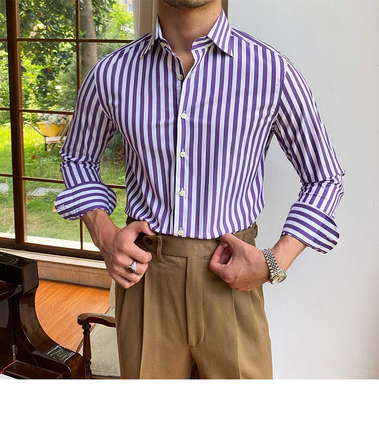 Bonsir British Casual Contrasting Colors Stripe Shirt Retro Shirt Dress Camisa Masculina Social Italian Fall Men Long Sleeve Shirt