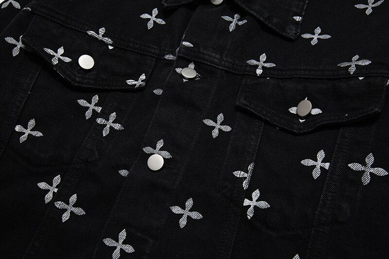 sanyamk High Street Full Cross Print Laple Black Jeans Coats for Men and Women Spliced Retro Hip Hop Autumn Casual Denim Jacket