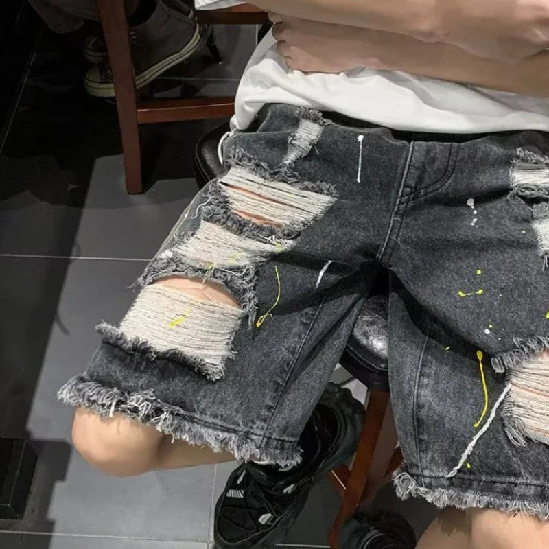 sanyamk Ripped Denim Shorts Men Baggy Retro Hip Hop Summer Breathable Destroyed Streetwear Daily Raw Edge All-match Comfortable