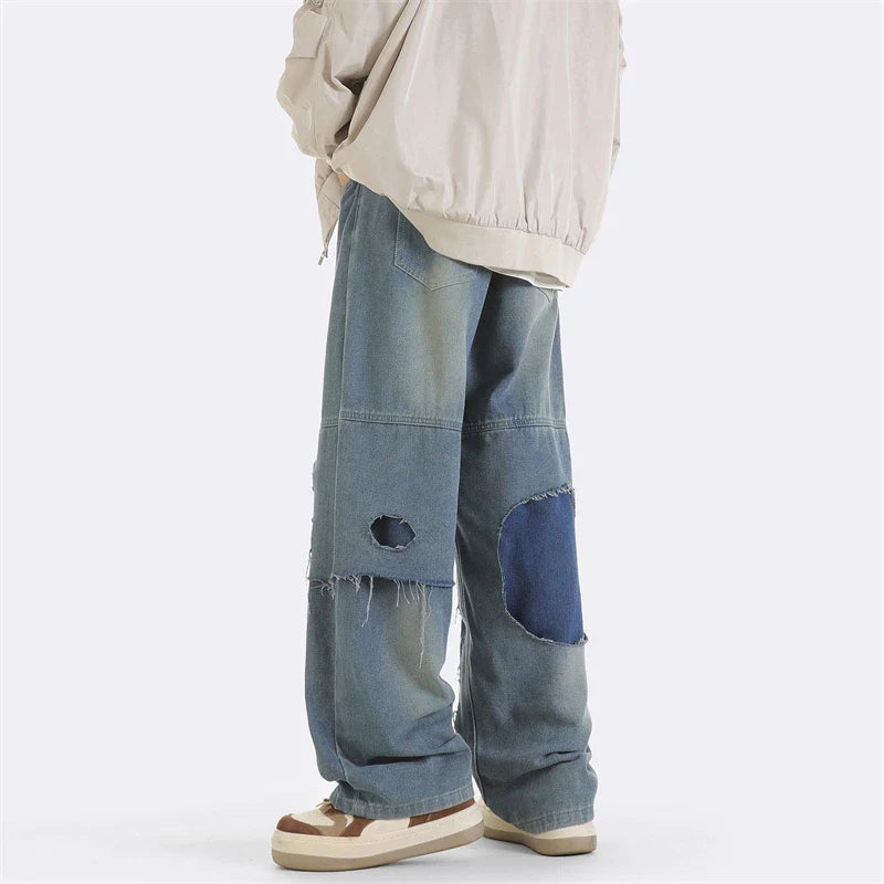 Bonsir American Splicing Niche Jeans Men's High Street Straight Wide Leg Drape Causal Loose Floor Mopping Trousers Male Clothes